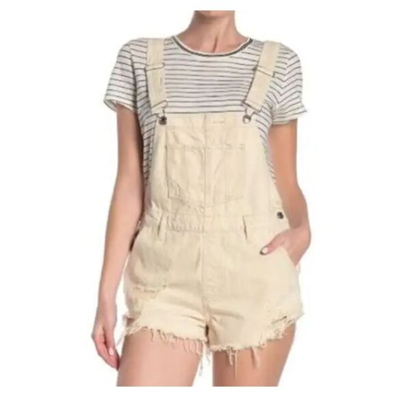Free People Other - ~ Free People 30 Shortalls We The Free Cream Distressed Denim Short Overall Fray